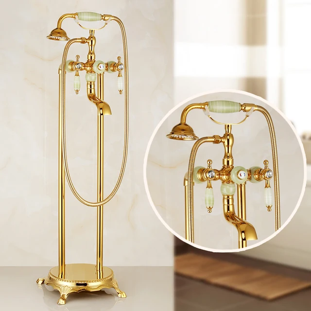 ทองเหลืองขาตั้งอ่างอาบน้ําก๊อกน้ําหมุนห้องน้ําหยกก๊อกน้ําผสมแตะหยกยืนก๊อกน้ําอ่างอาบน้ํา 1