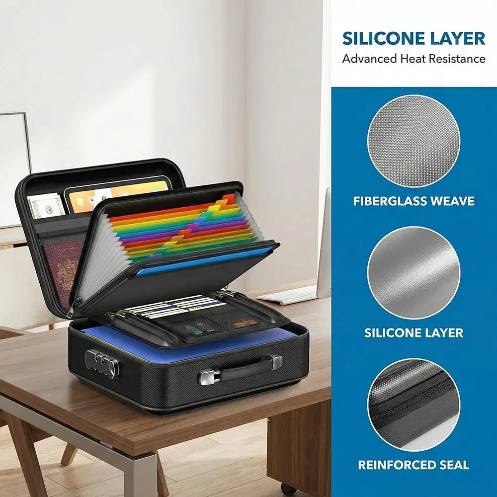 Fireproof Box Water Resistant Hard-Shell Design File Security Bag Password Lock Wear-resistant Files Briefcase_voghion.com