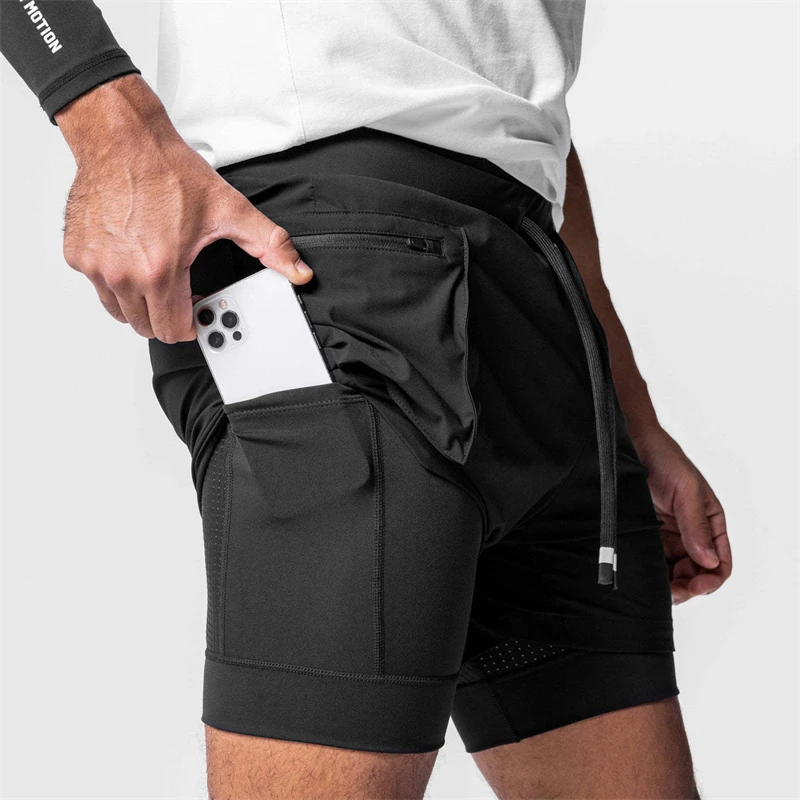 Summer New Double layered 2-in-1 Men's Shorts Sports Capris Fashion Zipper Pocket Multi functional Fitness Sports Pants