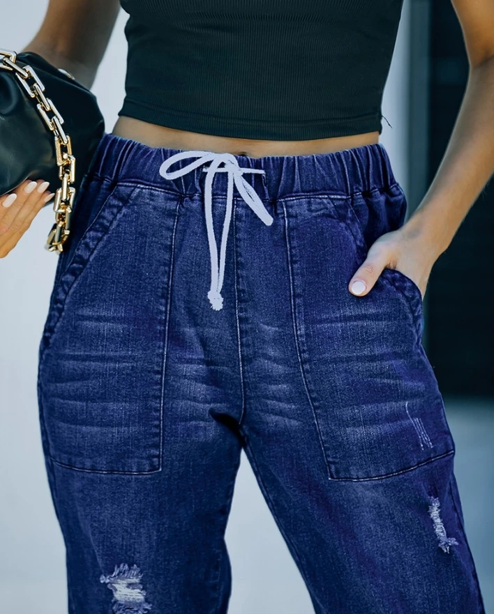 Women's Jeans 2024 Spring Fashion Drawstring Ripped Pocket Design Casual High Waist Plain Daily Long Jeans Y2K Streetwear