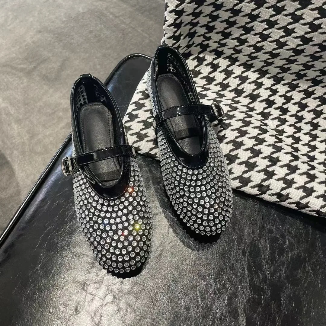 Mesh Buckle Strap Ballet Shoes, Women's Full Diamond Flat Shoes, Hollowed Out Mary Jane Single Shoes, Fishing Net Shoes, Trendy