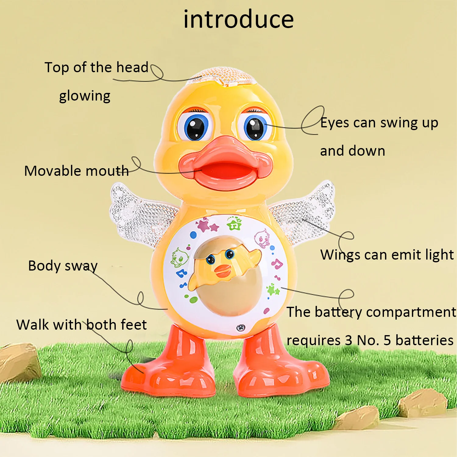 1pc Can sing, dance, sway cartoon yellow duck, electric figurine, lighting, music toy (requires self prepared battery) 3