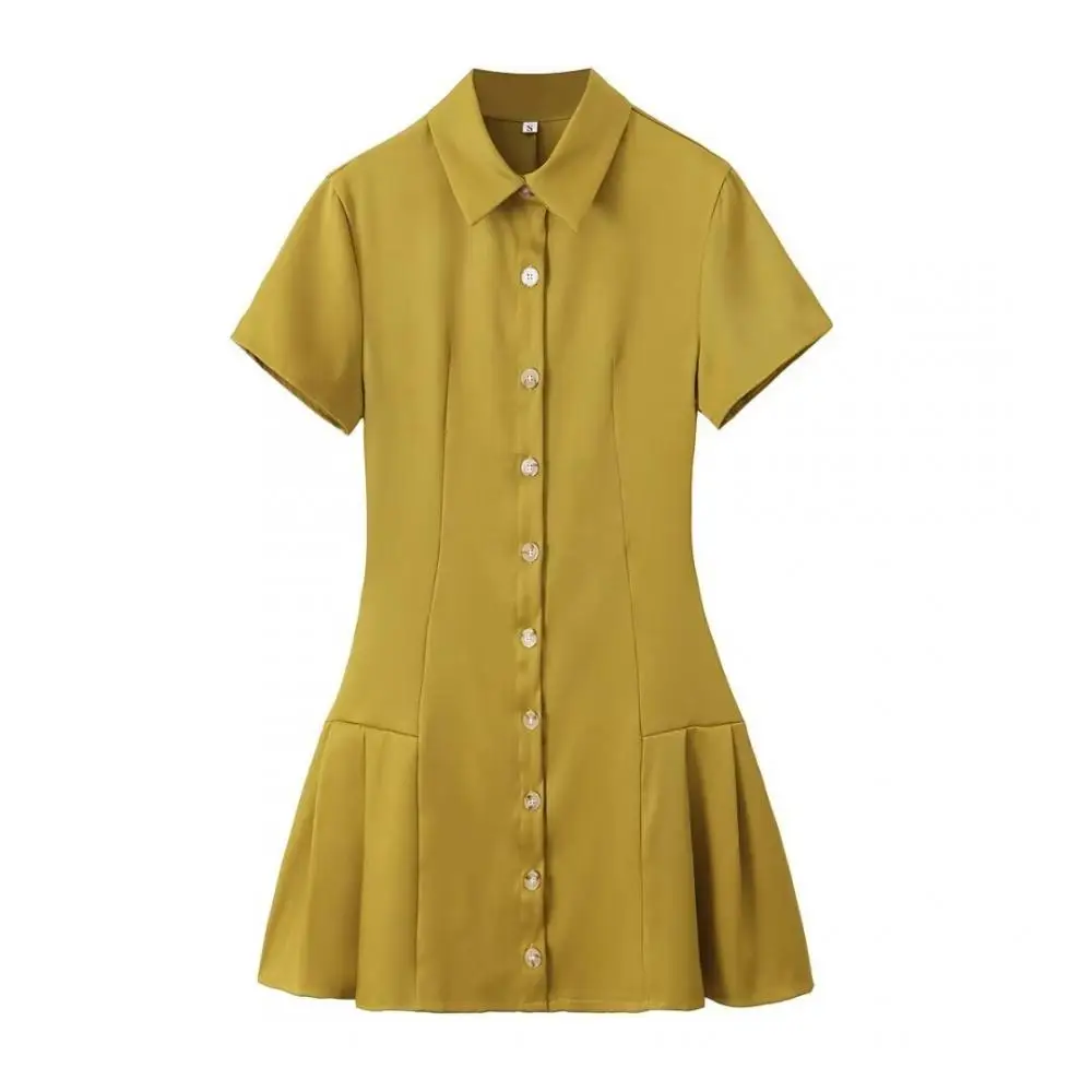 

Woman Lapel Long Sleeve Shirt Dress Ginger Yellow Elegant Pleated Waist Mini Dress Spring Fashion Lady Casual Commuting Wear
