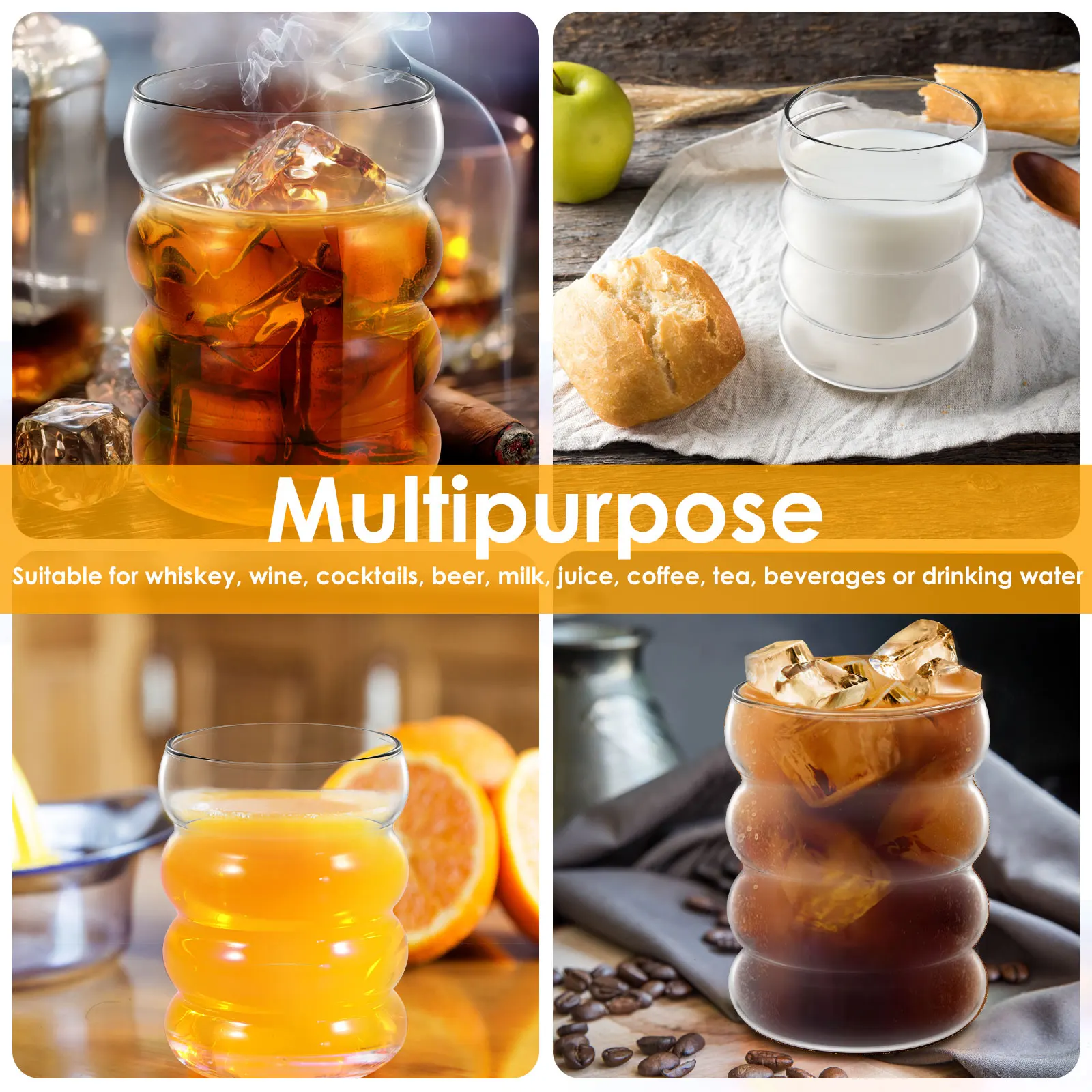 4Pcs Bubble Drinking Glasses with 4Pcs Straws 10oz Ribbed Drinking Glass Cups Temperature Resistant Bubble Glass for Soda Juice - Imagen 6