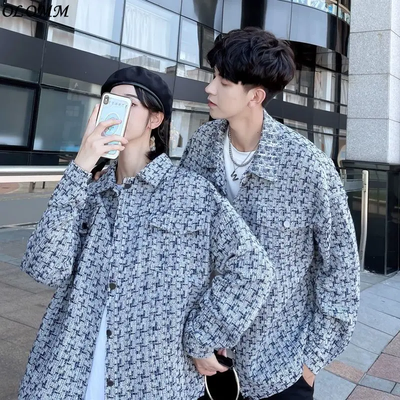 

Couple Shirts Full Print Small Fragrant Coat Plaid Jacket Women's Tops Streets Loose Casual Lazy Mens Clothing Hiphop