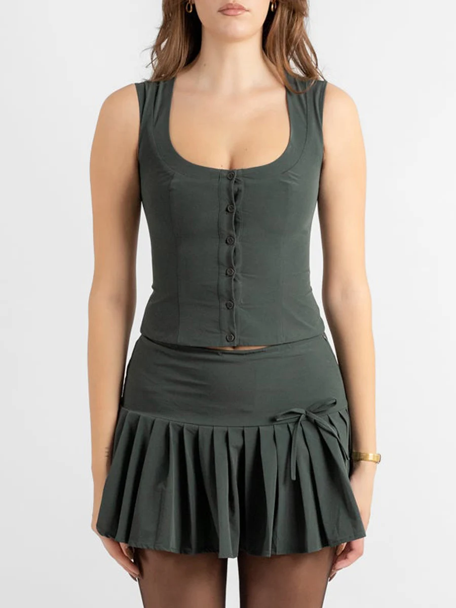 Priv� Women Summer Pleated Bust Tank Top  Tower Skirt Half-Body Skirt