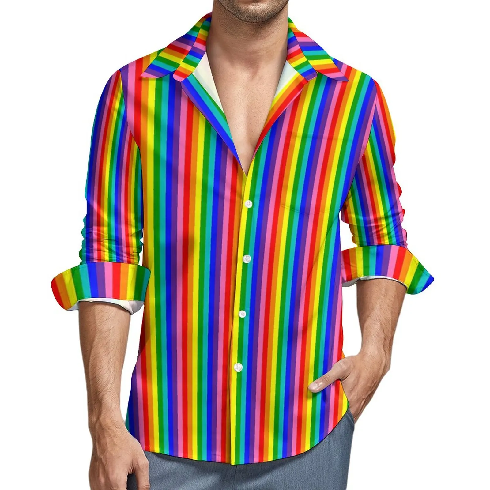 

Rainbow Pride Flag Shirt Autumn Vertical Eight Stripe Casual Shirts Mens Trending Blouses Long Sleeve Stylish Clothing Plus Size