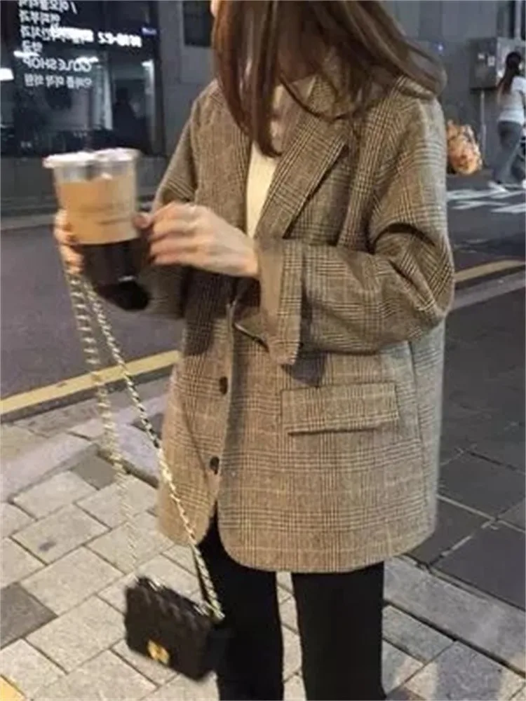 

Женский блейзер с длинным рукавом, винтажный клетчатый однобортный пиджак свободного покроя с отложным воротником в офисном стиле, осень 2023