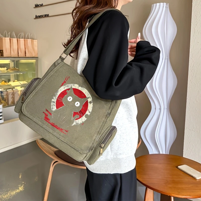 Large Capacity Women's Bag Tote Messenger Bag Canvas Quirky Cat Print Shoulder Bag Multiple Pockets Flap Bag Unisex Commuting