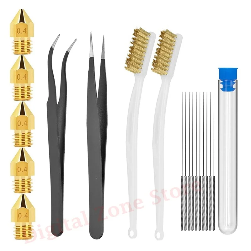 

3D Printer Nozzle Cleaning Kit, 5Pcs MK8 Nozzles 0.4mm, Cleanning Needles, Tweezers, Copper Wire Brush