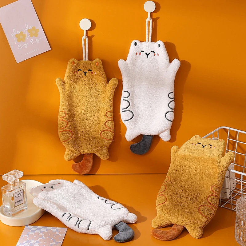 

Cute cat shaped handkerchief Home Microfiber Kitchen Cloth Bathroom Hanging Style Absorbent Towel Double Layer Clean Hand Towel