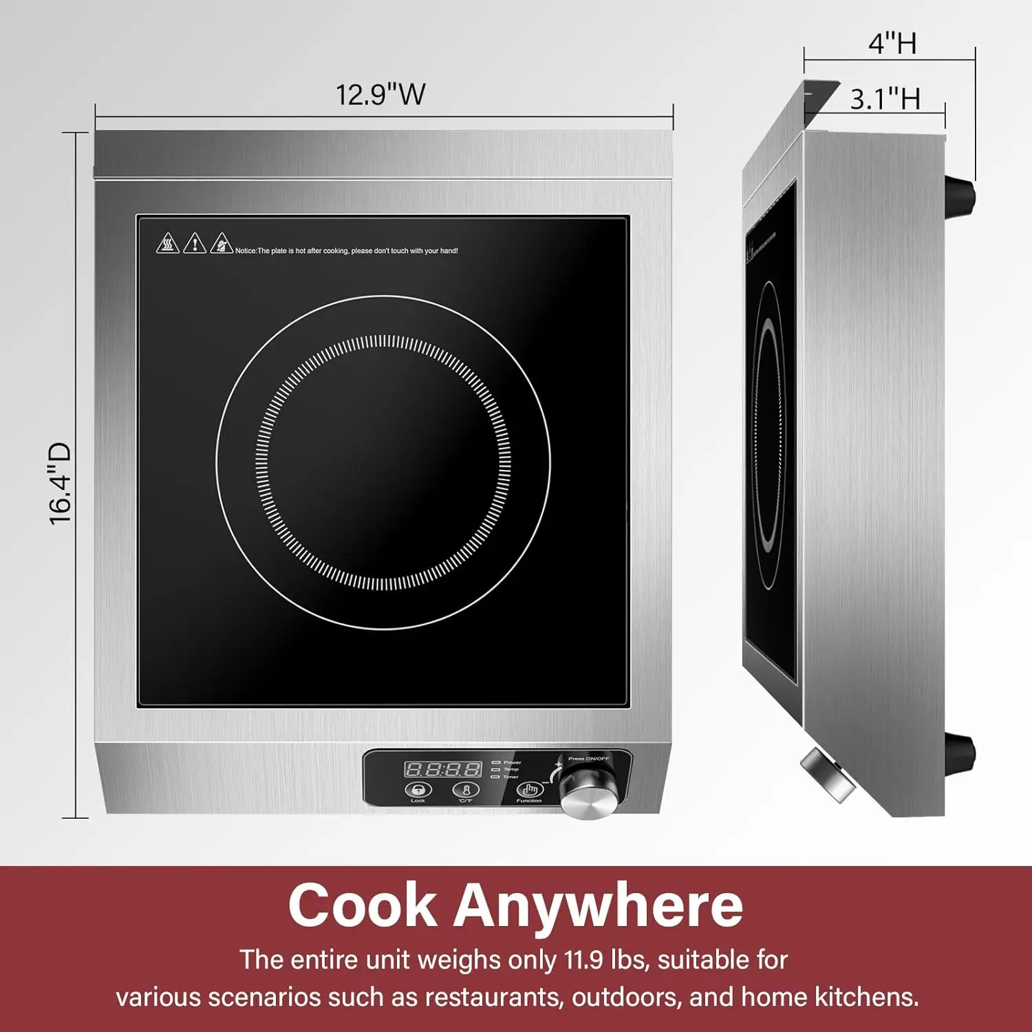 Commercial Induction Cooktop,1800W Induction Burner with sensor touch, knob and LCD screen,ETL-Certified Single Electric Burner