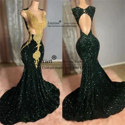 Emerald Green Mermaid African Prom Dress for Women Luxury Crystal Beaded Black Girl Birthday Evening Gown vestidos de festa
