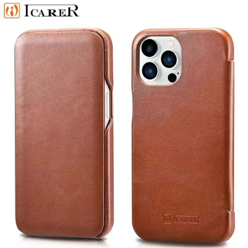 

Original iCarer Genuine Leather Flip Case For Apple iPhone 13 Pro Max 12 Mini 11 Business Retro Vintage Curved Cover