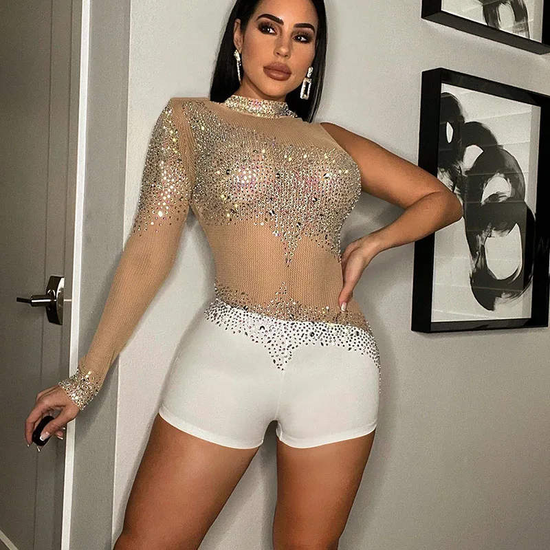 

Sparkly Crystal Rhinestone Rompers Womens Jumpsuit Shorts Sexy Birthday Club Outfits One Sleeve Mesh Sheer Bodycon Playsuit 2022