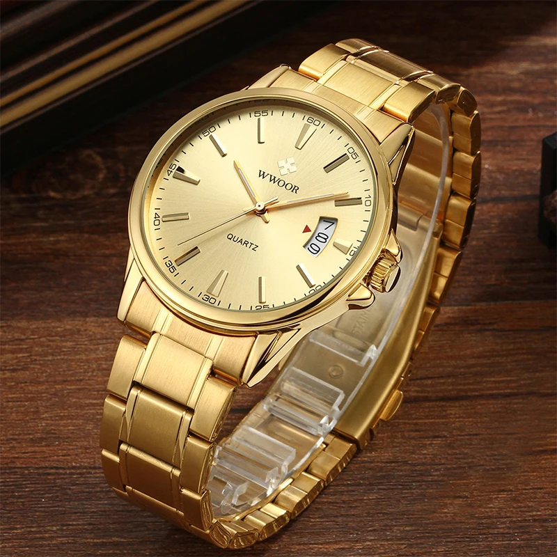 WWOOR Top Brand Luxury Mens Watch Fashion Gold Watch For Men Waterproof Date Stainless Steel Male Quartz Clock Relogio Masculino