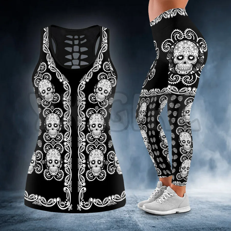 

White Pattern Skull 3D Printed Tank Top+Legging Combo Outfit Yoga Fitness Legging Women