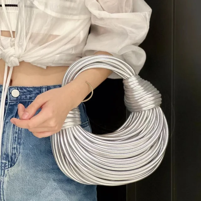 Handbags for Women 2024 New Gold Luxury Designer Brand Handwoven Noodle Bags Rope Knotted Pulled Hobo Silver Evening Clutch Chic 6