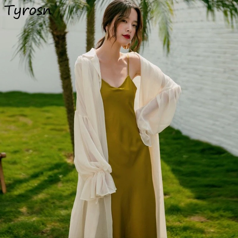 

Mid-length Shirts Women Simple Pure Flare Sleeve Breathable Vacation All-match Sun-proof Summer Elegant Chic Korean Style Female