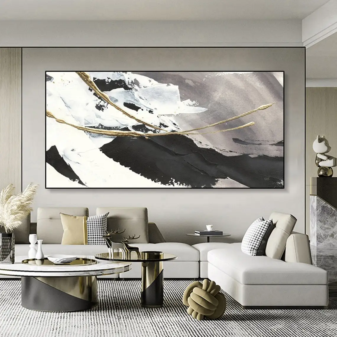 Large Abstract Oil Painting on Canvas Textured Wall Art Gold Foil Black White Acrylic Painting Modern Living Room Home Decor