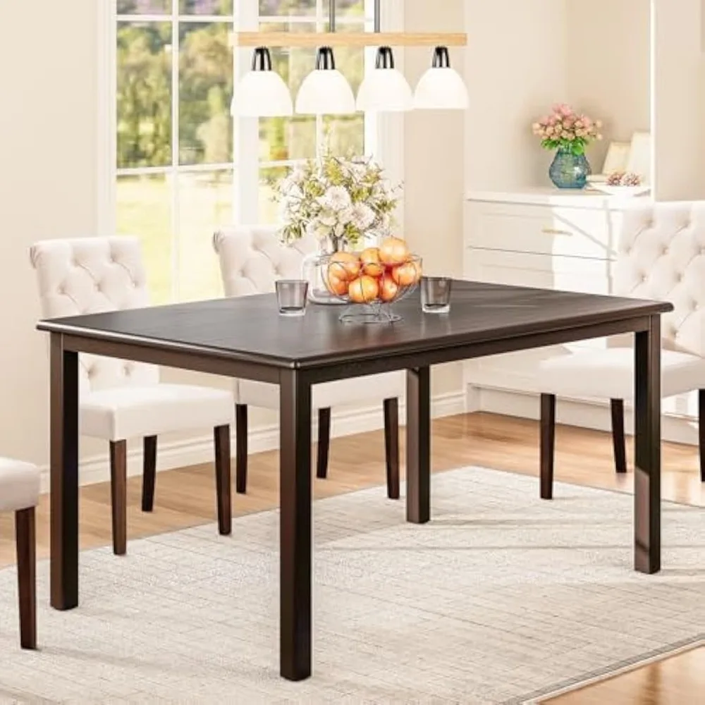 7-Piece Dining Table Set for 6, 60" Rectangular Wooden Kitchen Table with 6 Tufted Dining Room Chairs, Brown/Beige 4