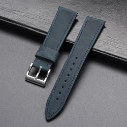Vintage Stitching Leather Strap - Retro Brown Gray Cowhide Watch Band with Soft Quick Release Clasp - 22mm (Blue)