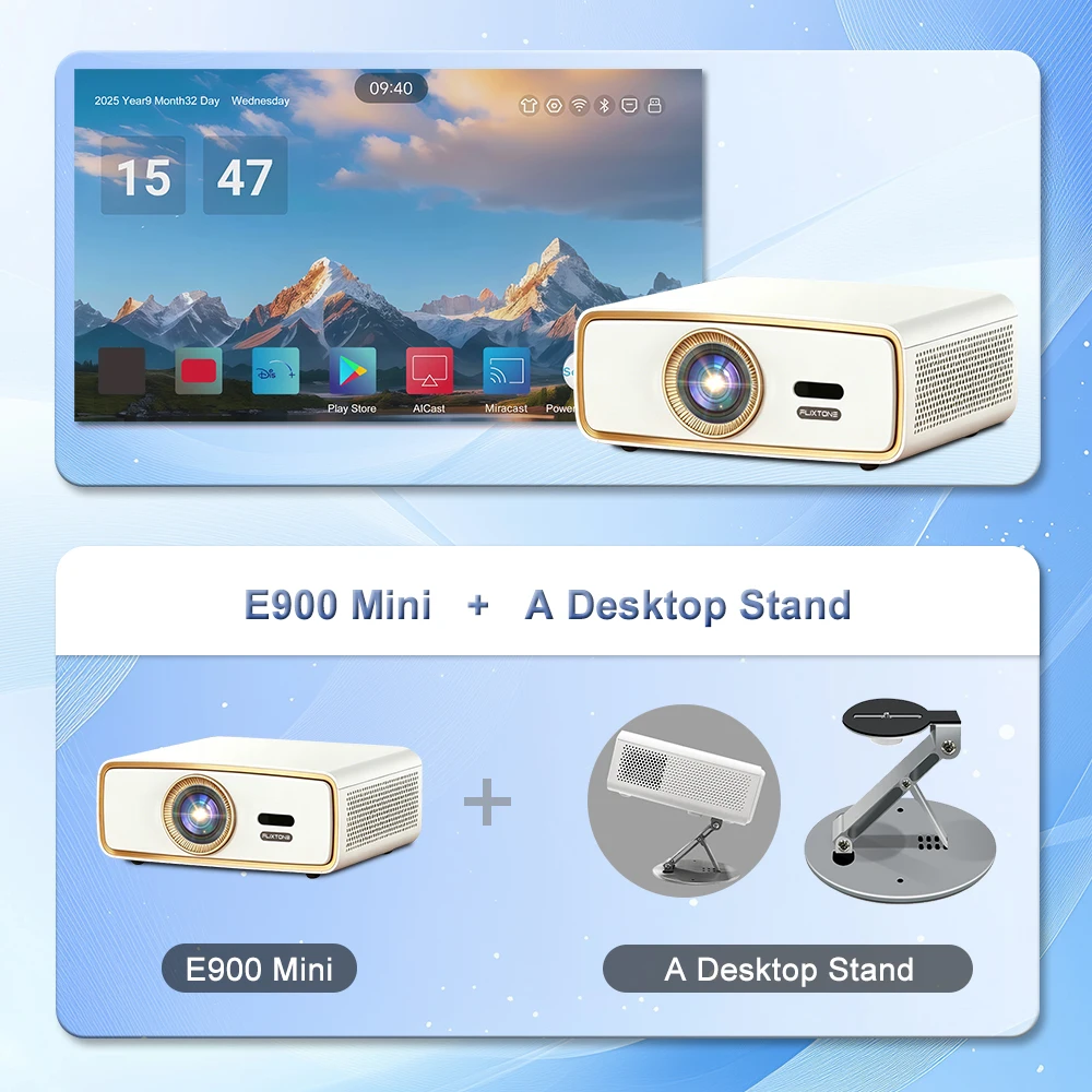 플릭스톤 E900 미니 프로젝터(스탠드 포함)는 4K 디코딩, 안드로이드 스마트 TV, 와이파이, 홈시어터 기능을 지원하며, 캠핑에 적합합니다.