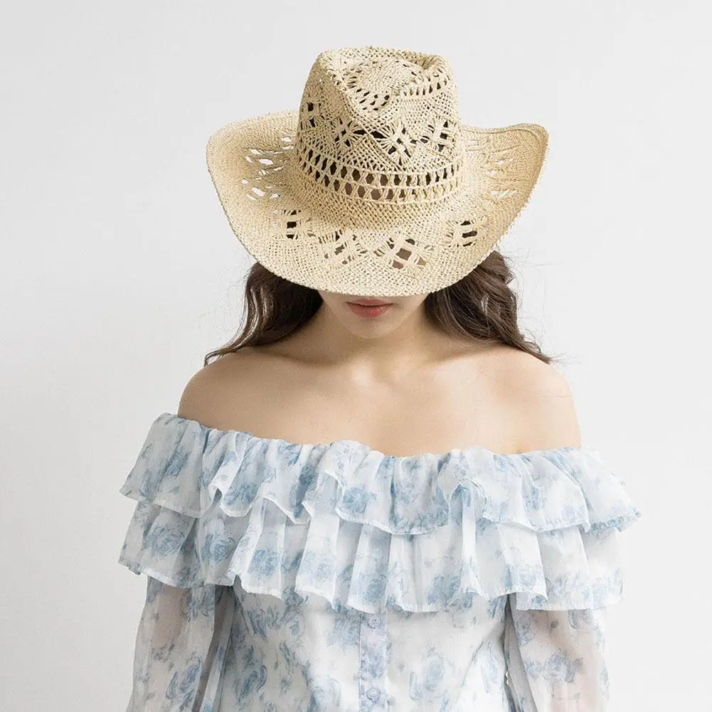 Cowboy Hats Summer Outdoor Men Women Hand-woven Western Cowboy Paper Straw Hats Wide Brim Breathable Beach Jazz Cap Sun Protection Hat