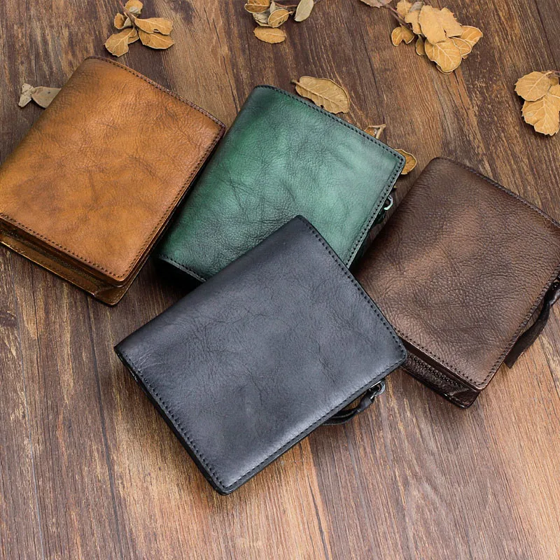 Vintage fashion handmade designer top layer cowhide leather youth wallet simple casual outdoor short purse for men and women