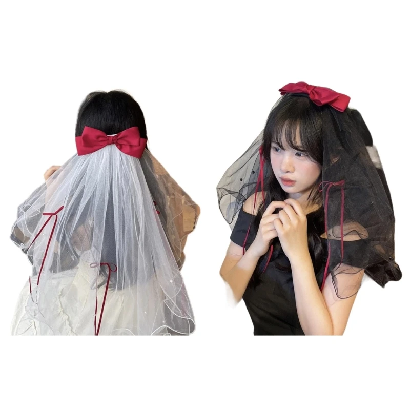 

Flower Girl Veil with Bow Head Covering Wedding Hair Accessories White Wedding Veil Headscarf Black Short Veil