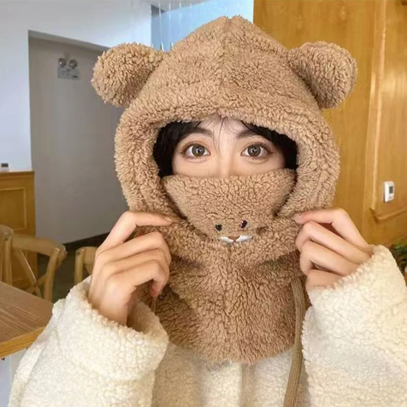 Cartoon Bear Ear Lamb Beanie Hat With Mask Warm Winter Thickened Ear Protection Autumn Skullies Beanies For Women Girl windproof winter hat