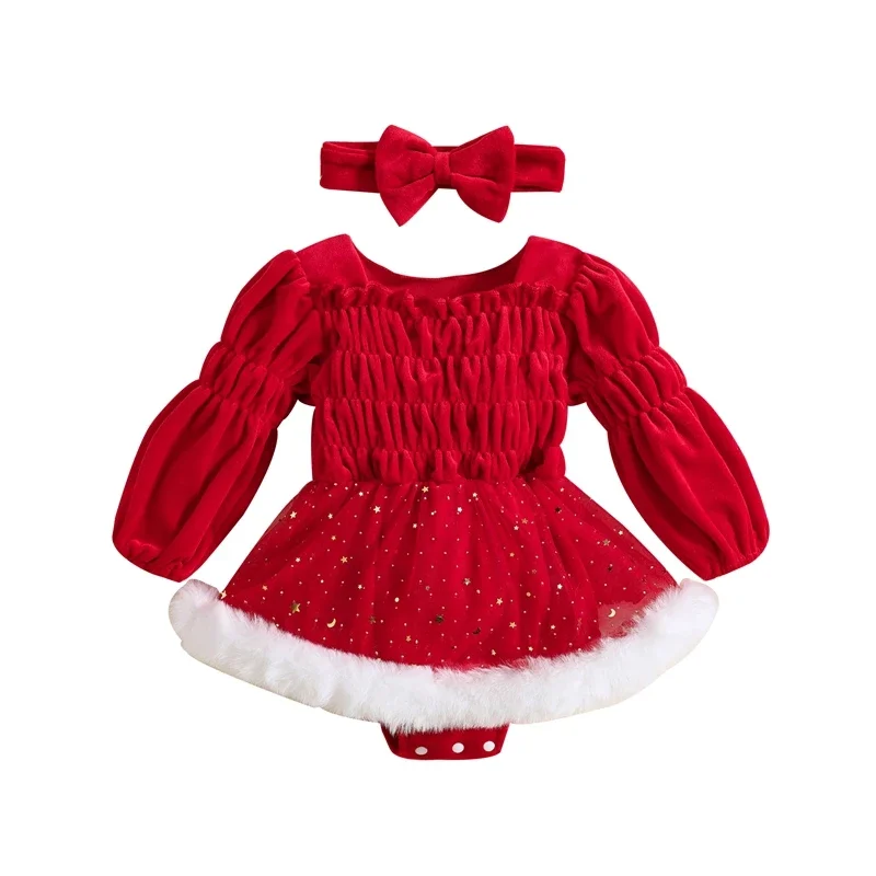 Baby Girls Christmas Corduroy Romper Dress Red Long Sleeve Star Moon Print Ruched Romper with Headband Baby Xmas Costume