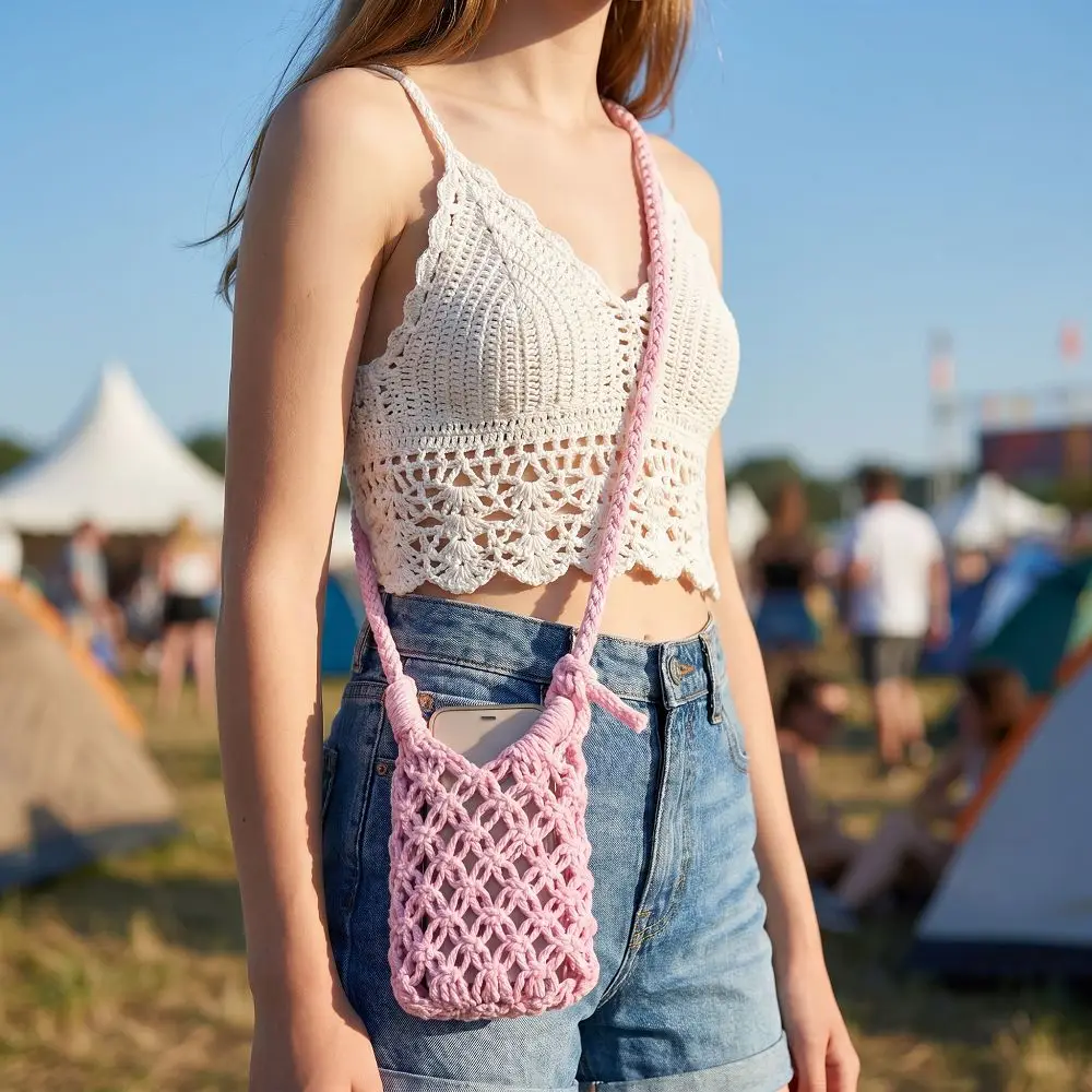 Borsa a tracolla semplice in stile boho per telefono, leggera, tinta unita, intrecciata, mini borsa a tracolla in stile bohémien, regalo - immagine 2