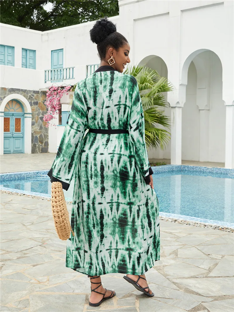 New Tie-dye Print Kaftan Bikini Cover-ups Casual V-neck Maxi Beach Dress Women Cardigan Summer Beach Wear Swim Suit Cover Up