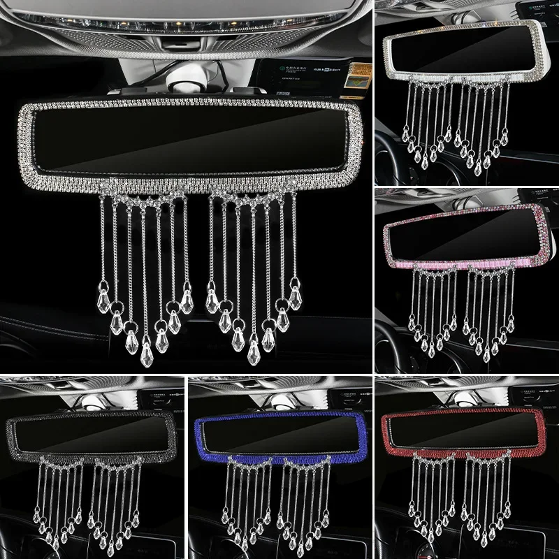 Luxury Rhinestone Tassels Car Interior Rearview Mirror Decoration Charm Flower Crystal Rear Mirror Ornaments Car Accessories
