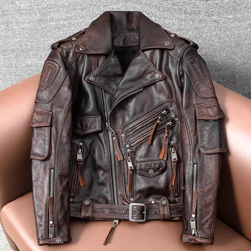 

Ami Khaki Heavy Duty Motorcycle Clothing Can Add Protective Gear Short Leather Jacket Men's Slim Lap Tie Belt Jacket