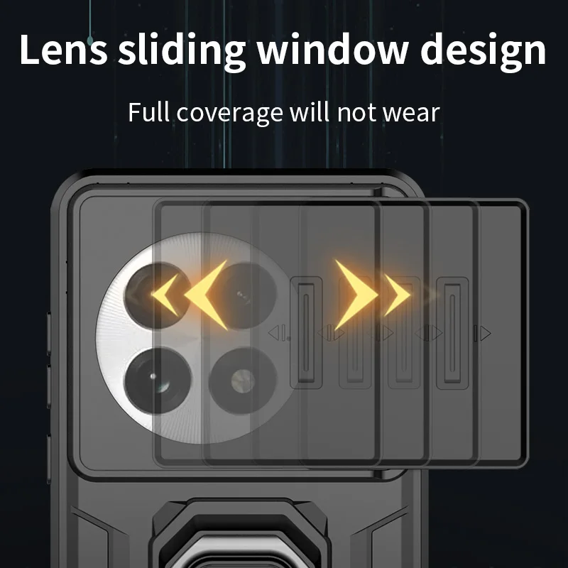 Slide Lens Protect Armor Phone Case with Car Magnetic Ring Holder and Back Cover