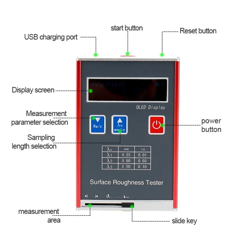 OLED Color Display Portable Surface Roughness Tester 0.01um Ex-circle Conical Flat Surface Roughness Real-time Data Monitor