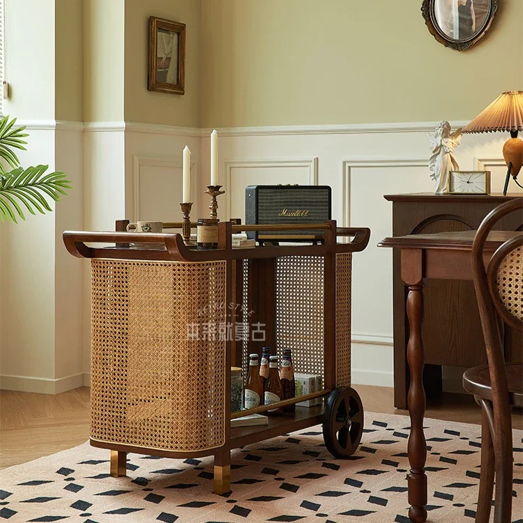 Vintage Ash Wood Rattan Trolley Side Movable Dining Double Shelf Reinforced Glass For Home Hotel Commercial
