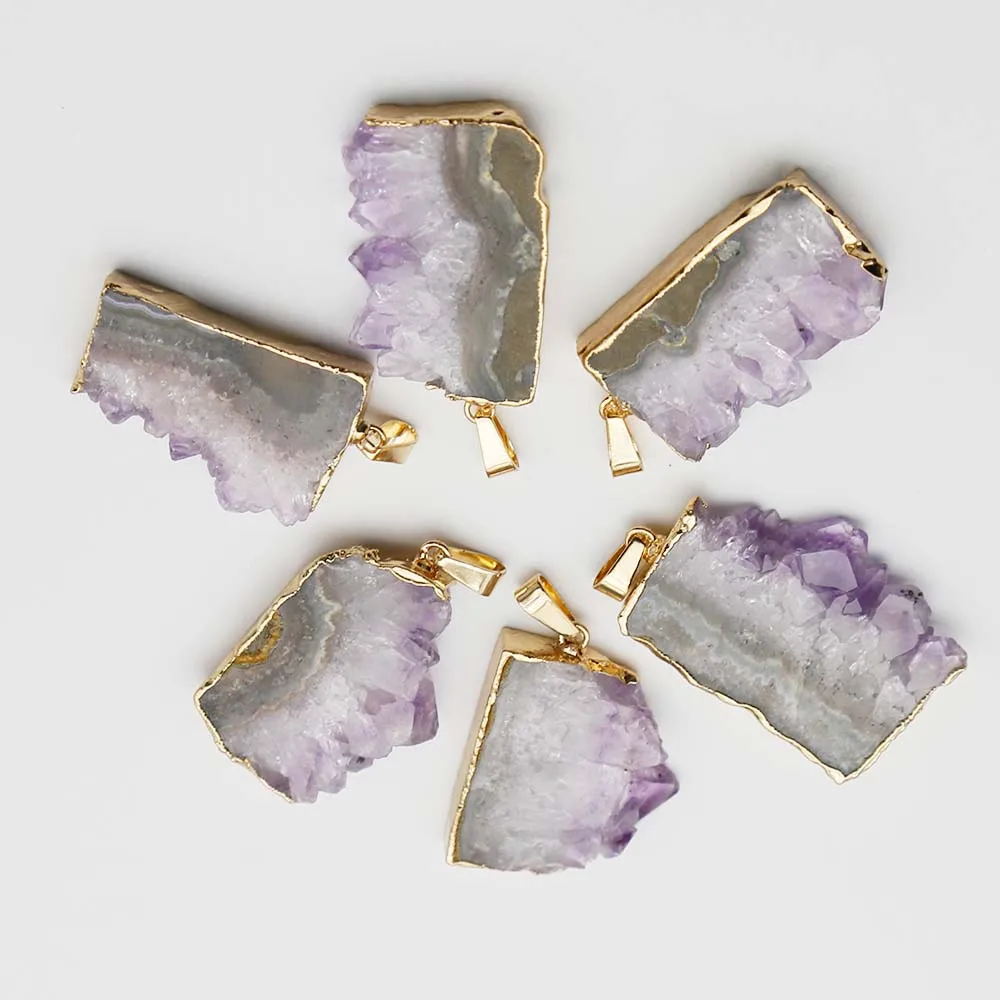 Free Shipping Natural Amethyst Flake Irregular Strip Pendant Gold And Silver Edged Necklace Unisex Charm Jewelry Accessories 6Pc