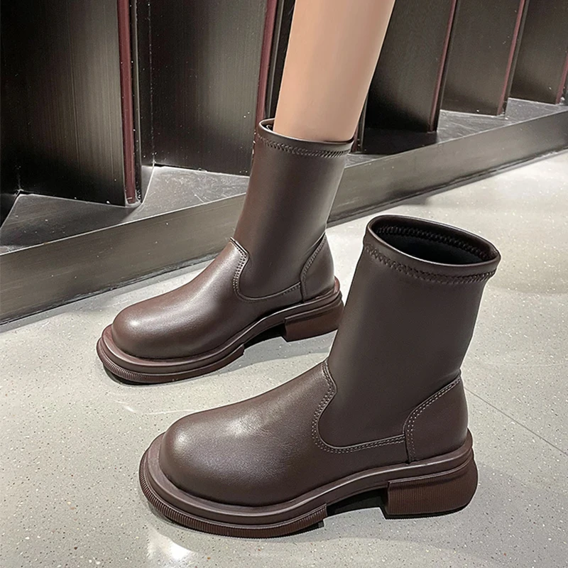 

Round Toe Shoes Lolita Boots Luxury Designer Boots-Women Med Rock Ankle Rubber Fashion Ladies 2023 Lace-Up PU Basic Retro Slip-