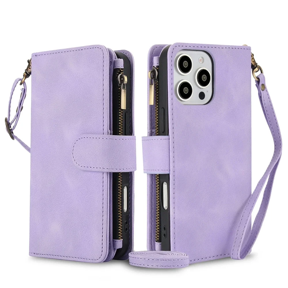 Leather Wallet Phone Case with Wrist Strap and Zipper Purse
