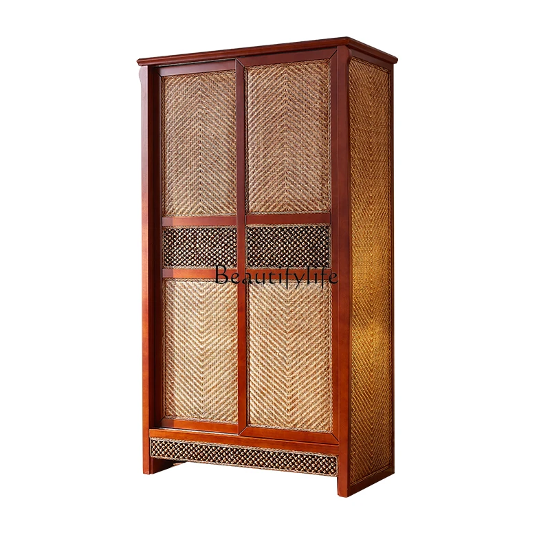 

New Chinese Style Solid Wood Double Door Sliding Rattan Wardrobe New Classical Bedroom Storage Cabinet