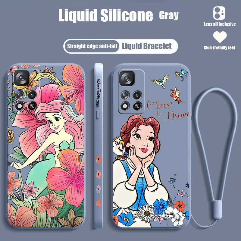 

Disney Cute Princess Flowers For Redmi Note 12 11T 11S 11E 10S 10T 10 9S 9T 8 Pro Plus Lite Max Liquid Left Rope Phone Case