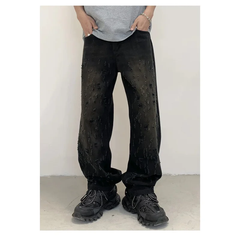 Real picture High-end trend men's loose straight jeans Pants Crushed holes style fashion casual wear New Products