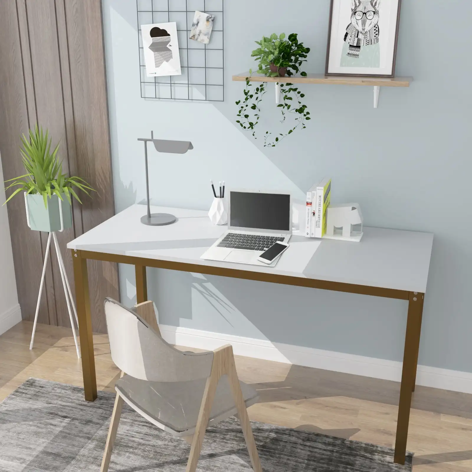 

39" Computer Desk PC Laptop Desk Writing Corner Desk for Home Office, White+Gold Frame