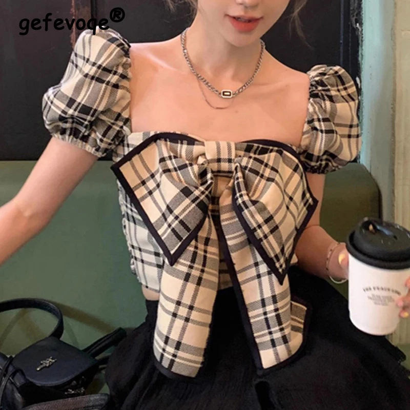 Women Trendy Vintage Plaid Print Bow Sexy Crop Tops 2024 Summer Sweet Chic Slim Shirts Casual Square Collar Short Sleeve Blouses
