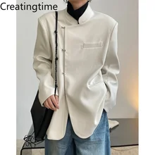 

Creatingtime 2022 Spring Autumn New Chinese Style Retro Single Breasted Slanted Placket Wide Shoulder Stand Collar Blazer GA132
