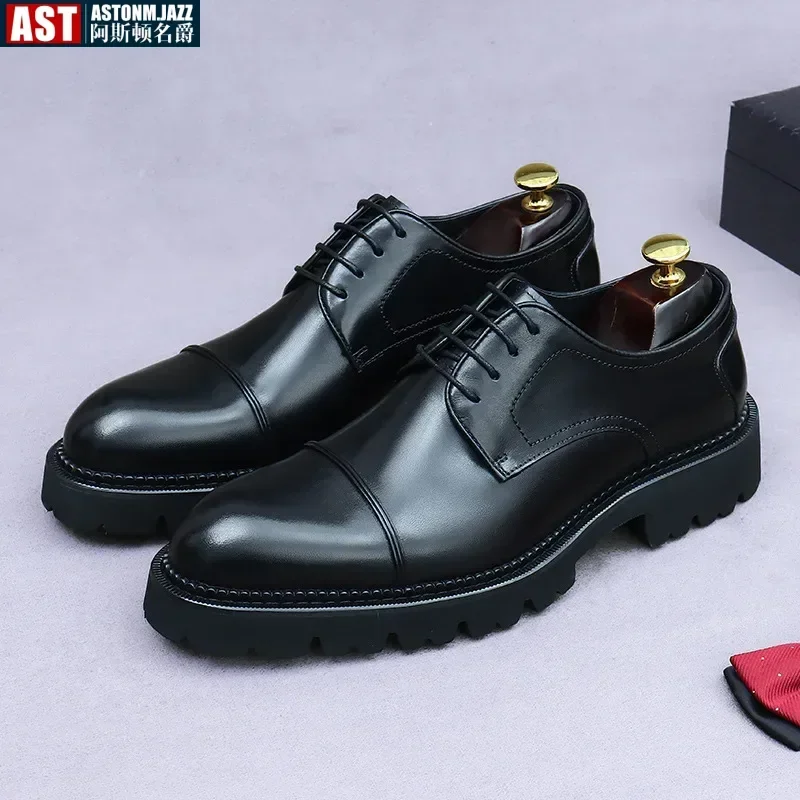 Retro Mens Dress Shoes Luxury Genuine Leather Platform British Trend Handmade Quality Comfortable Wedding Social Shoes Man