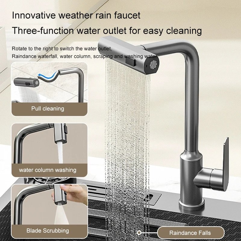 Rotating Waterfall Kitchen Sink Stainless Steel Large Single Slot Embossed Household Washbasin For Kitchen Accessories